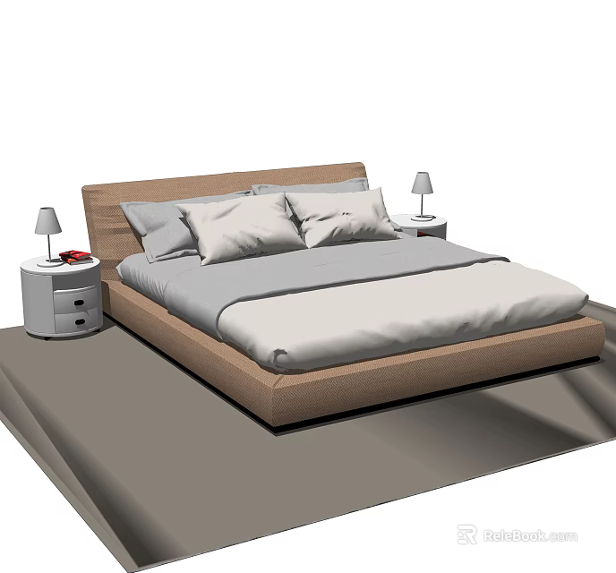 Modern Style Double Bed With Wooden Frame Gray White Bedding Nightstands And Table Lamps 3d model 