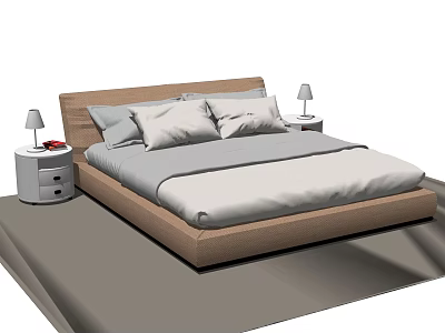 Modern Style Double Bed With Wooden Frame Gray White Bedding Nightstands And Table Lamps 3d model