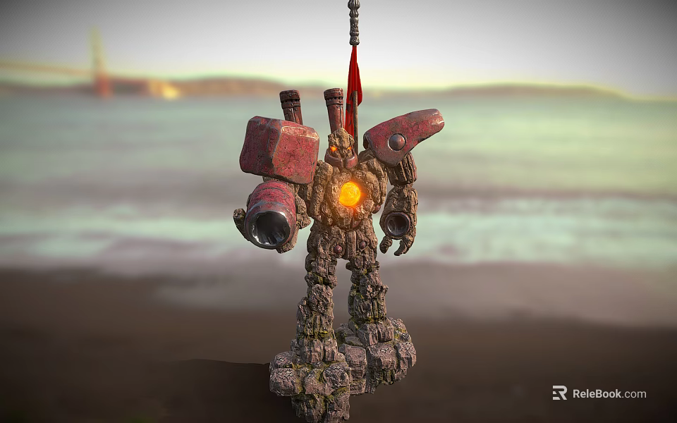 Mech Robot With Glowing Core Red Flag And Rocky Legs Stands By Coastal Bridge 3d model 