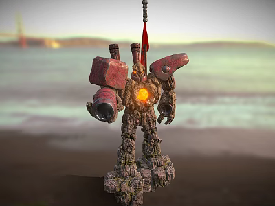 Mech Robot With Glowing Core Red Flag And Rocky Legs Stands By Coastal Bridge 3d model