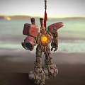 Mech Robot With Glowing Core Red Flag And Rocky Legs Stands By Coastal Bridge
