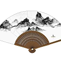 Traditional Oriental Fan Ornament Set With Landscape Painting And Wooden Frame
