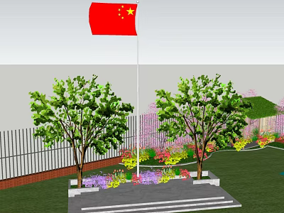 Chinese Flag Flying on Platform With Green Trees and Colorful Flowers 3d model