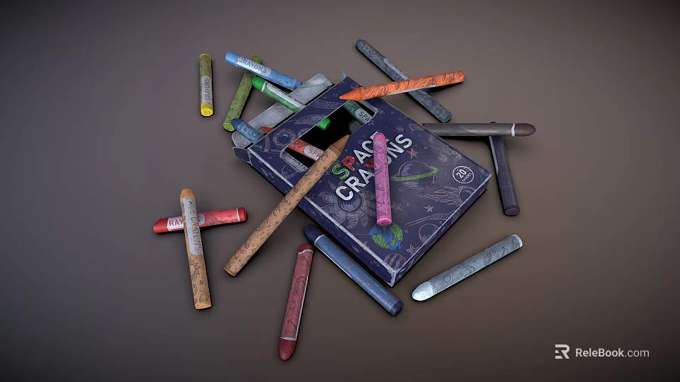 Colorful Crayons Scattered Around Open Box With CRAYONS Text On Cover 3d model 