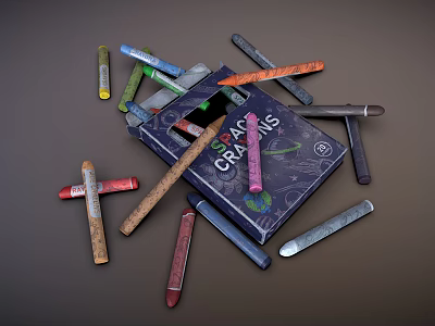 Colorful Crayons Scattered Around Open Box With CRAYONS Text On Cover 3d model