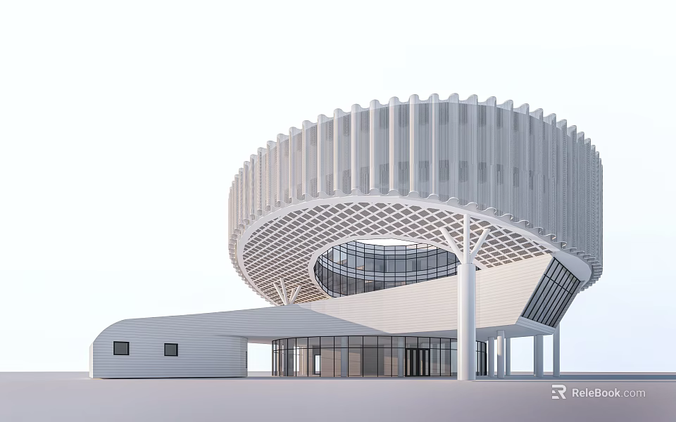 Modern Post Station Architecture Featuring Circular Structure Grid Roof And Large Windows 3d model 