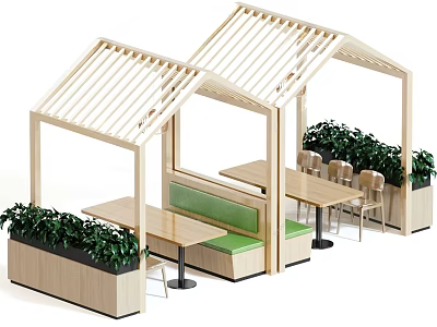 Open Air Wooden Pavilion With Tables Chairs Green Bench And Potted Plants 3d model