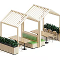 Open Air Wooden Pavilion With Tables Chairs Green Bench And Potted Plants