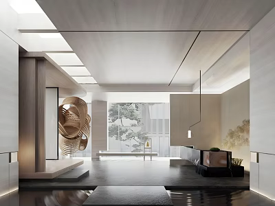 Elegant Modern Hotel Lobby Interior With Wooden Accents Water Feature And Art Sculpture 3d model