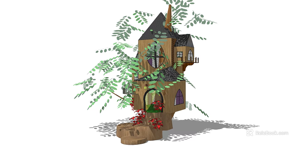 Enchanting Treehouse Tower with Wooden Structure Green Leaves Red Flowers Windows and Door 3d model 