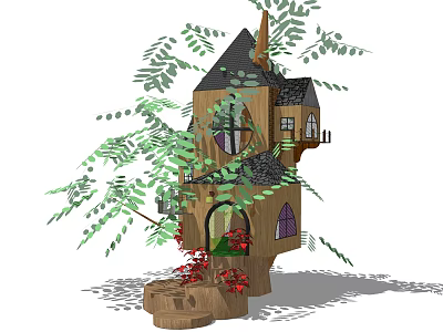 Enchanting Treehouse Tower with Wooden Structure Green Leaves Red Flowers Windows and Door 3d model
