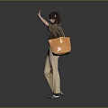 Woman Wearing Brown Shirt And Beige Pants With Brown Bag Waving Hand On Gray Background