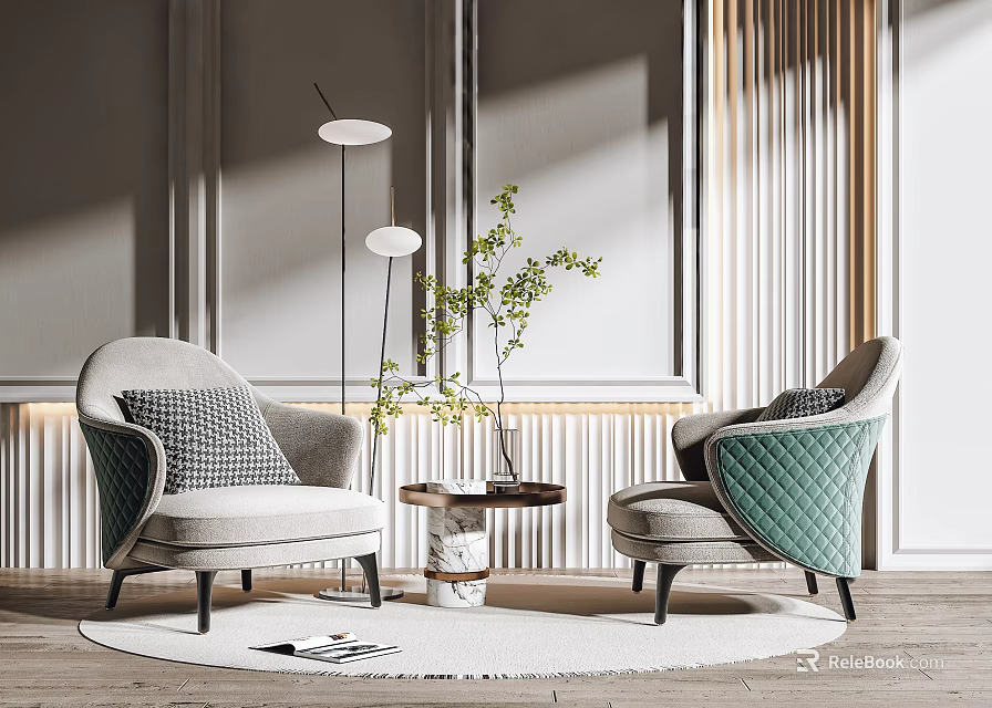 Cozy Leisure Sofa Set Interior With Armchairs Coffee Table And Green Plant 3d model 