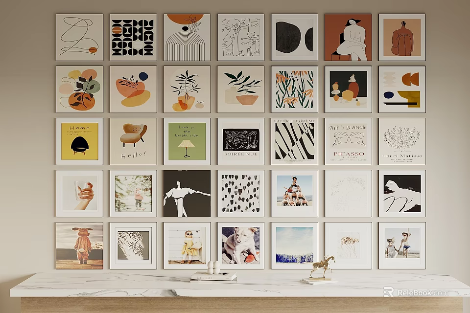 Abstract Paintings on Wall Featuring Diverse Styles White Frames and Arranged Artworks 3d model