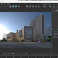 Modern Residential Building with Commercial Mall Outdoor Plaza Green Trees Pedestrians and Vehicles