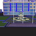 Elegant Central Fountain With Surrounding Colorful Flower Beds And Modern Glass Building Background