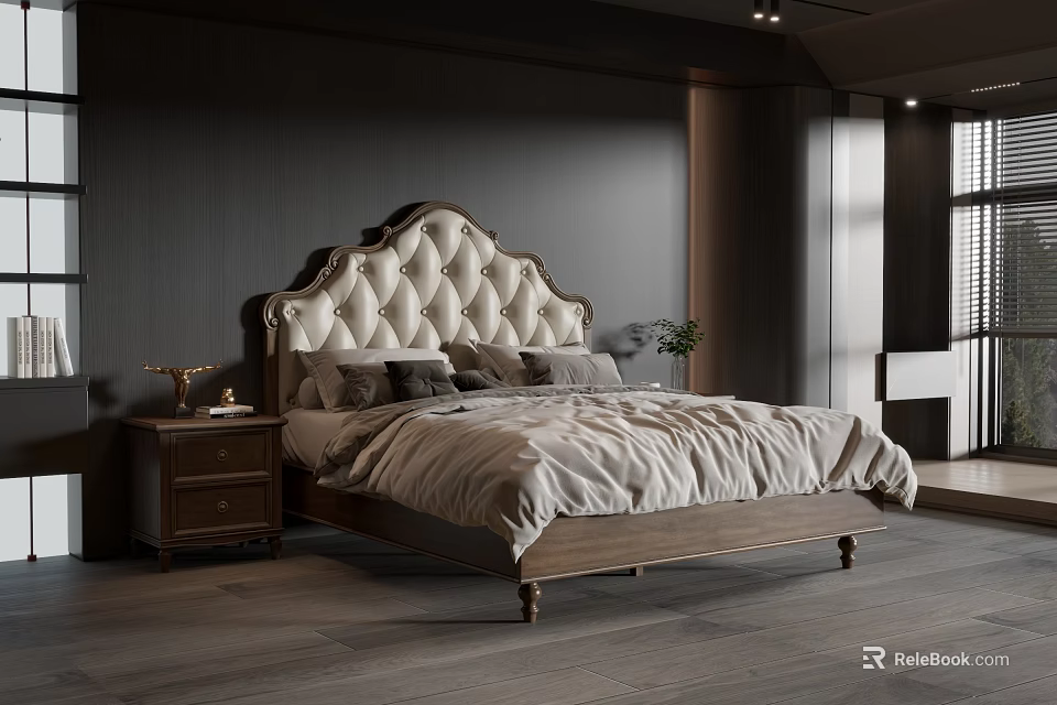 Modern Double Bed With Quilted Wooden Headboard And Gray Beige Bedding In Bedroom 3d model 