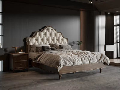 Modern Double Bed With Quilted Wooden Headboard And Gray Beige Bedding In Bedroom 3d model