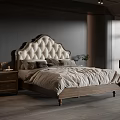 Modern Double Bed With Quilted Wooden Headboard And Gray Beige Bedding In Bedroom