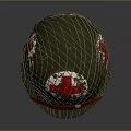 Green Military Helmet With Netting And Red Patterns Underneath Red Strap 3d model