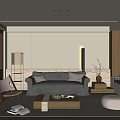 Modern Living Room Interior With Gray Sofa Wooden Elements Coffee Table Armchair And Area Rug