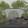 Courtyard Garden Featuring Mosaic Decorative Wall Green Plants Stone Pathways Fire Pit And Colorful Flowers