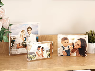 Decorative Photo Frame Set with Wedding Family Photos on Wooden Shelf Green Plant White Flowers 3d model