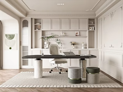 Cream Style Study Bookcase Desk Single Chair Stool Decorative Cabinet Hanging Painting Carved Notebook 3d model