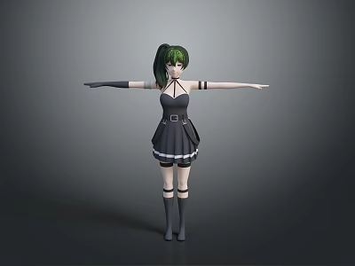 Child with Green Hair in Black Dress and White Details Arms Outstretched 3d model