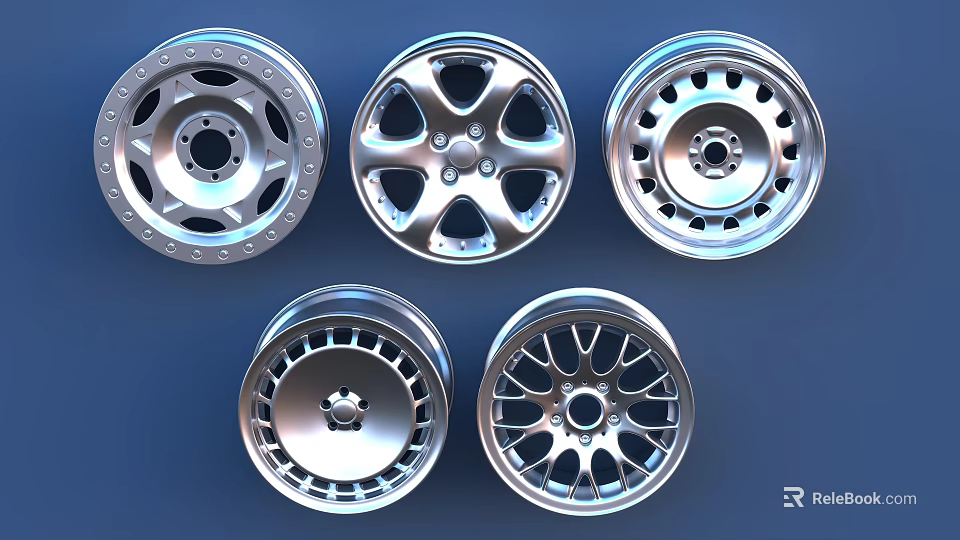 Different Car Wheel Rim Designs In Silver Metallic Finish For Vehicles 3d model 