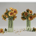 Fresh Bright Sunflowers in Green Glass Vases with Scattered Petals and Leaves