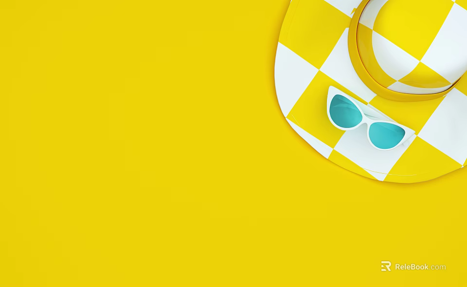 Bright Yellow Background Featuring Checkered Sun Hat And Blue Sunglasses On Top 3d model 