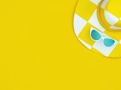 Bright Yellow Background Featuring Checkered Sun Hat And Blue Sunglasses On Top 3d model