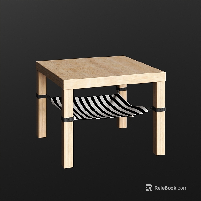 Modern Wooden Side Table With Natural Wood Top And Black White Striped Storage Sling 3d model 