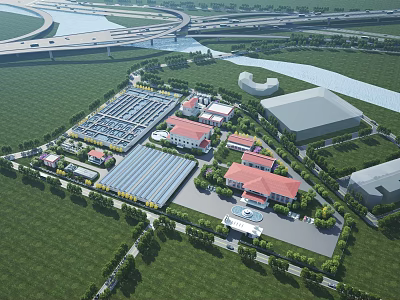 Industrial Factory Complex With Multiple Buildings Red Roofs Green Areas And River 3d model