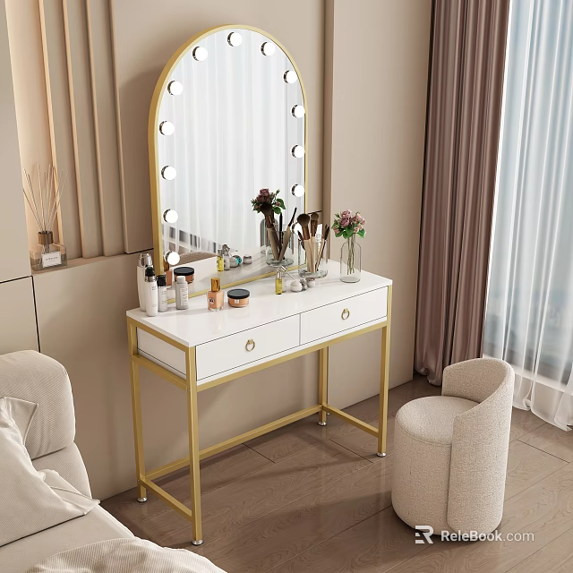 Elegant Dressing Table With Lighted Mirror White Countertop Golden Legs Cosmetics And Flower Vase 3d model 