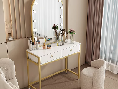 Elegant Dressing Table With Lighted Mirror White Countertop Golden Legs Cosmetics And Flower Vase 3d model