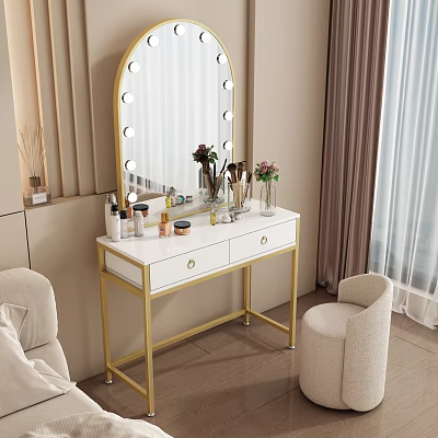 Elegant Dressing Table With Lighted Mirror White Countertop Golden Legs Cosmetics And Flower Vase 3d model