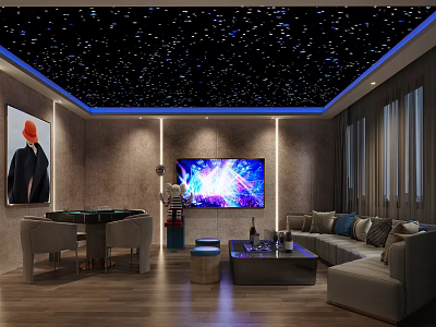 Modern Entertainment Room Interior With Starry Ceiling Large Screen TV And Comfortable Sofa 3d model
