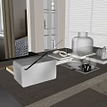Modern Open Kitchen With White Inflatable Design Wooden Counter Green Bottle And Black Coffee Maker