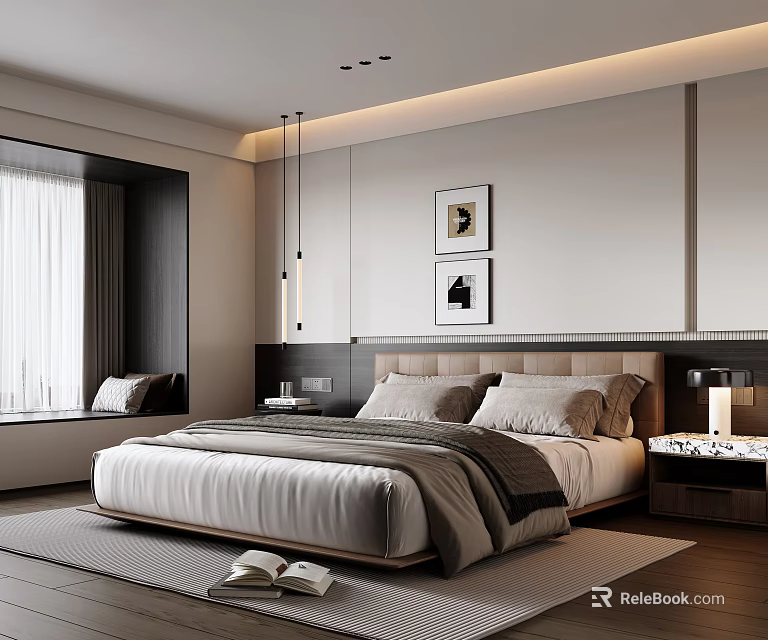 Modern Bedroom Interior Featuring Large Bed Pillows Framed Artworks Nightstand Lamp Window And Recessed Lighting 3d model 