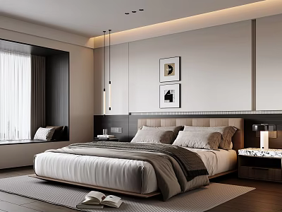 Modern Bedroom Interior Featuring Large Bed Pillows Framed Artworks Nightstand Lamp Window And Recessed Lighting 3d model