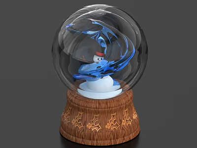 Snow Globe Decorative Ornament With Snowman Red Hat Blue Swirls And Wooden Carved Base 3d model