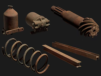 Rusty Old Metal Parts Including Springs Cylinders Gear Components And Bars 3d model