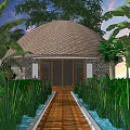 Rustic Thatched Roof Homestay Building with Warm Lighting Surrounded by Greenery and Water at Night