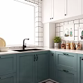 Modern White and Teal Kitchen Cabinets with Tiled Walls and Cooking Utensils