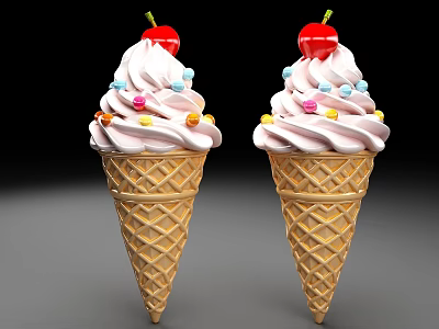 Delicious Waffle Ice Cream Cones Topped With White Cream Red Cherries And Colorful Sprinkles 3d model