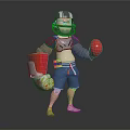 3D Sporty Armored Character With Red Gloves Holding Container Of Small Creatures