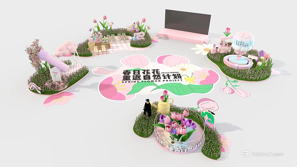 Spring Flower Themed Photo Check-in Spot With Pink Decorations And Lawn Scenes 3d model 