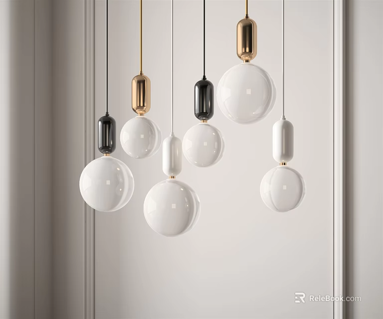 Modern Pendant Lights Featuring White Spherical Globes And Gold Black Metal Bases In Minimalist Interior 3d model 